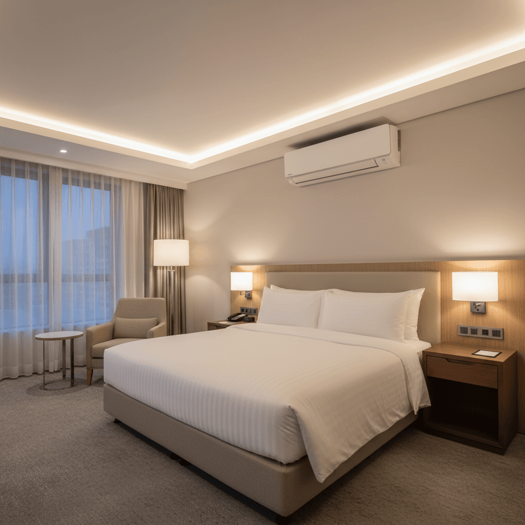 Modern hotel room with air conditioning unit, clean bed with white linens, warm soft lighting, professional photography