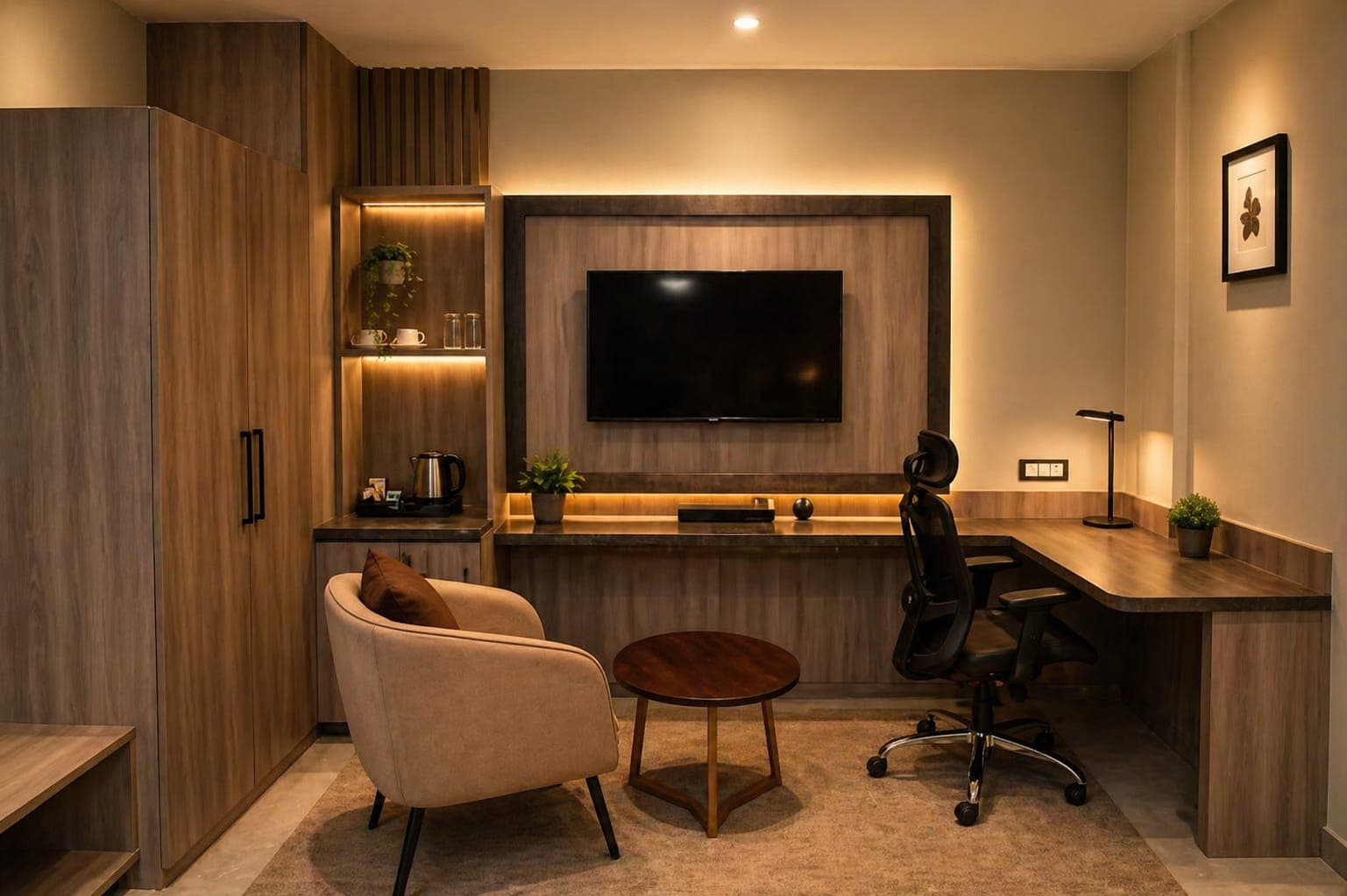 Modern hotel room with warm lighting, wooden desk, ergonomic chair, TV, and beige armchair.