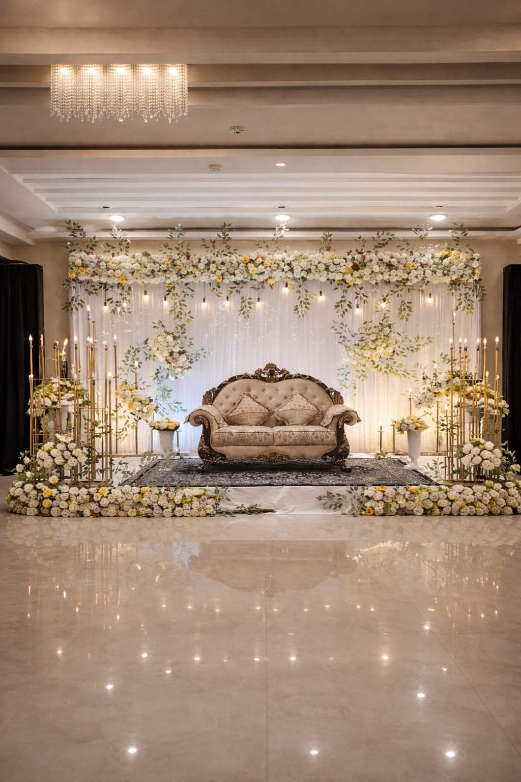 Ornate wedding stage with a beige sofa, white floral arrangements, and warm hanging lights.